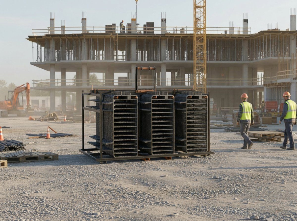 MWE BarrierBag crowd control barrier handler loaded with stacked steel barriers on a multi-storey construction site