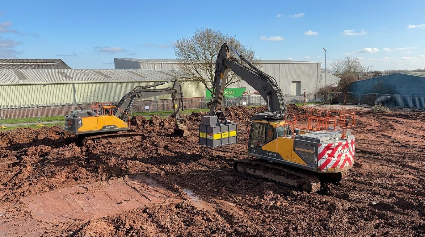 Volvo excavator lifting an MWE FuelBag with the patented Easy-Lift System across muddy groundworks, no chains or banksman required
