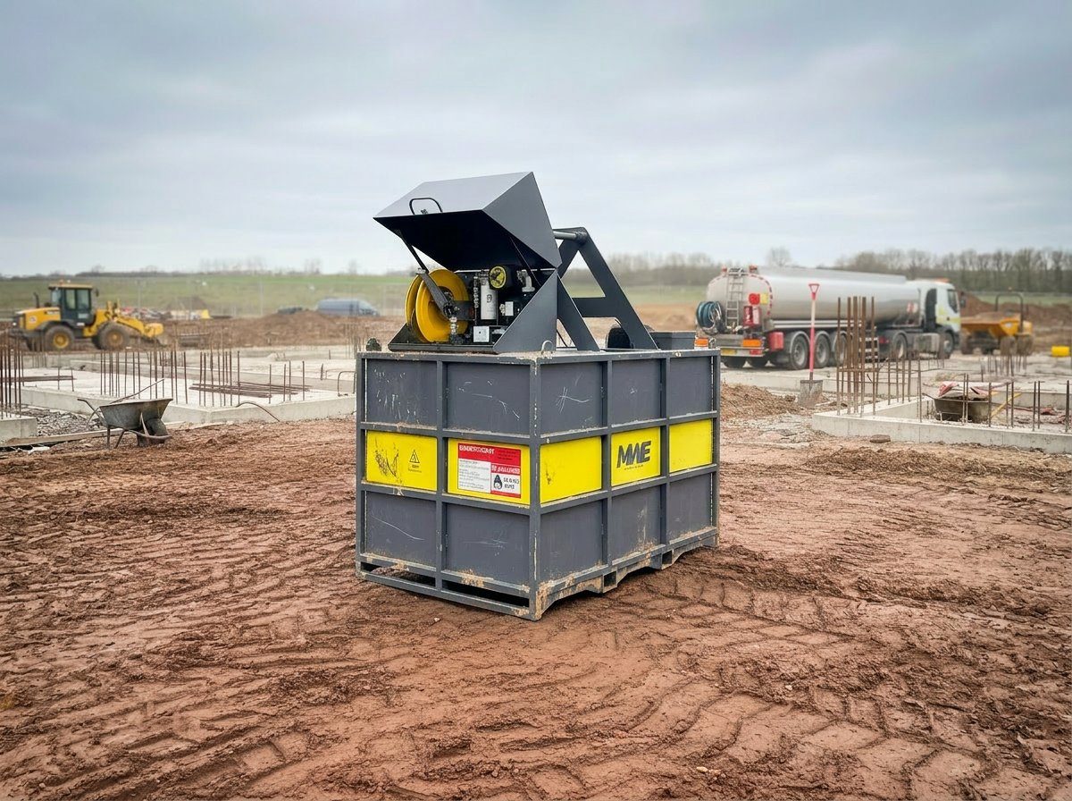 MWE FuelBag bunded diesel fuel bowser with open hose-reel cabinet on a groundworks construction site, fuel tanker in background